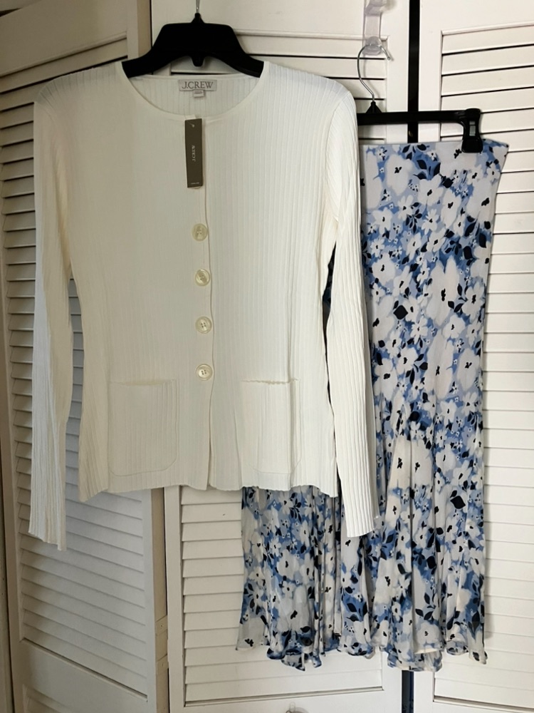 J. Crew Cream Ribbed Button Cardigan With Blue Floral Midi Skirt